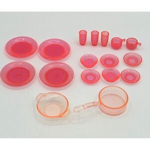 Vintage Translucent Pink Barbie Doll Dish Lot Plate Cups Kitchen 17 pcs Mattel